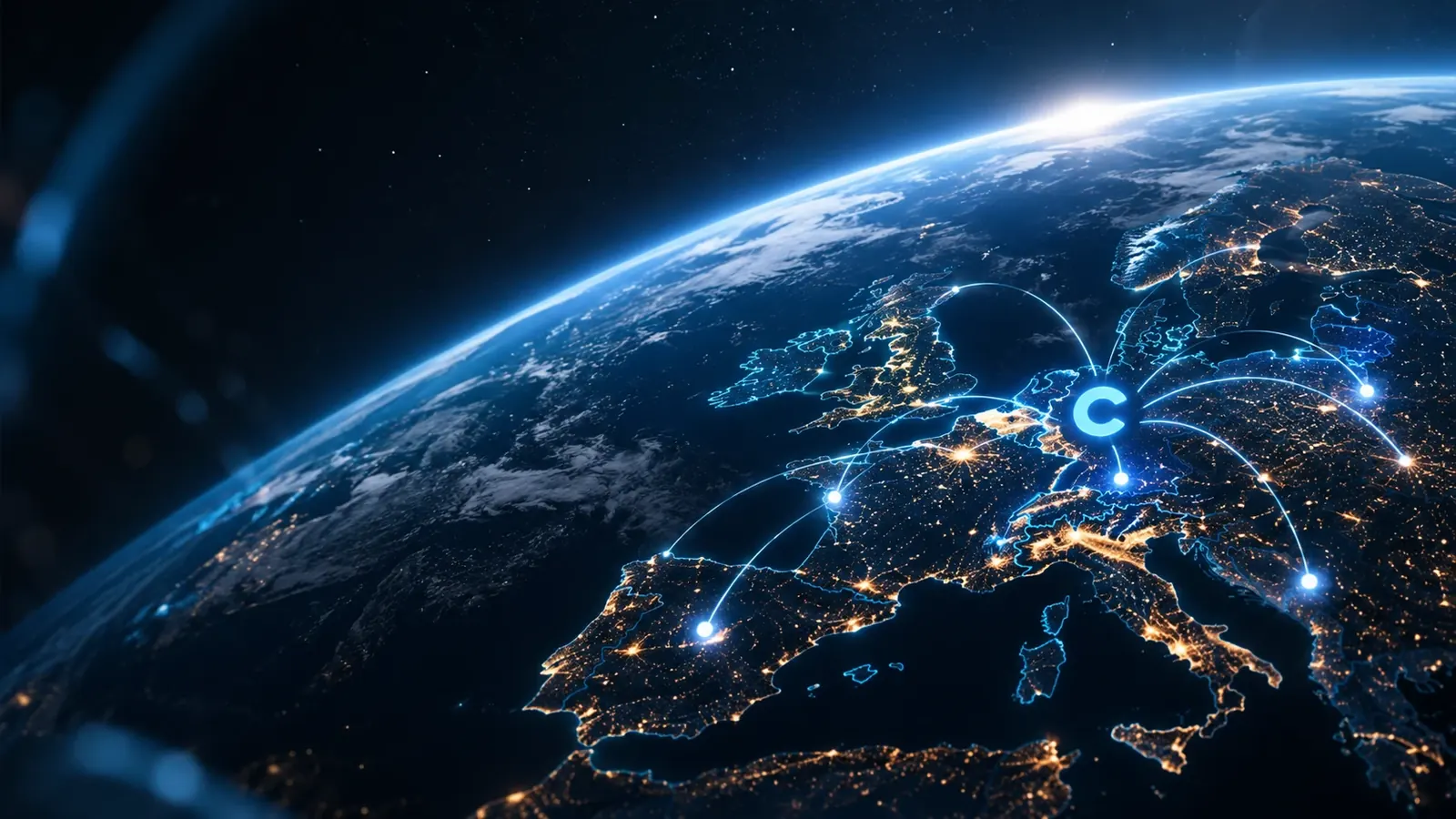 L'Europe vue de l'espace, ses villes reliées par Caryvox